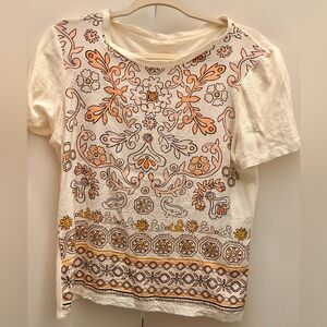 Tory Burch Cream and Orange Floral Short Sleeve Top Silk and Linen